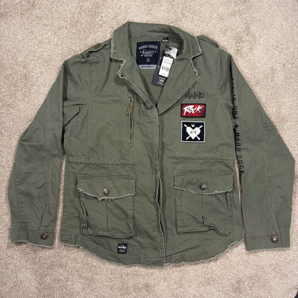NWT Hard Rock Womens Army Green Jacket Large Guitar Co Military Style Distressed